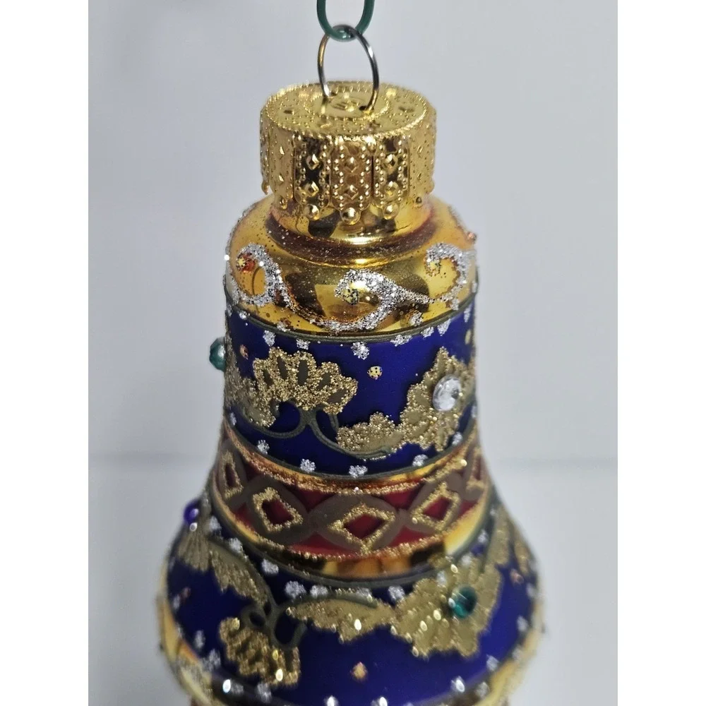 Hand Blown Glass Jeweled Bell Christmas Tree Ornament Blue Gold Glitter In Box